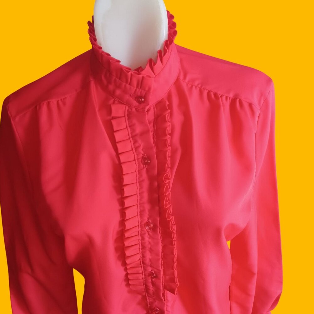 Vintage Small Womens Ruffle Top 1980's Alice Stuart Blouse High Neck Secretary - Picture 2 of 7